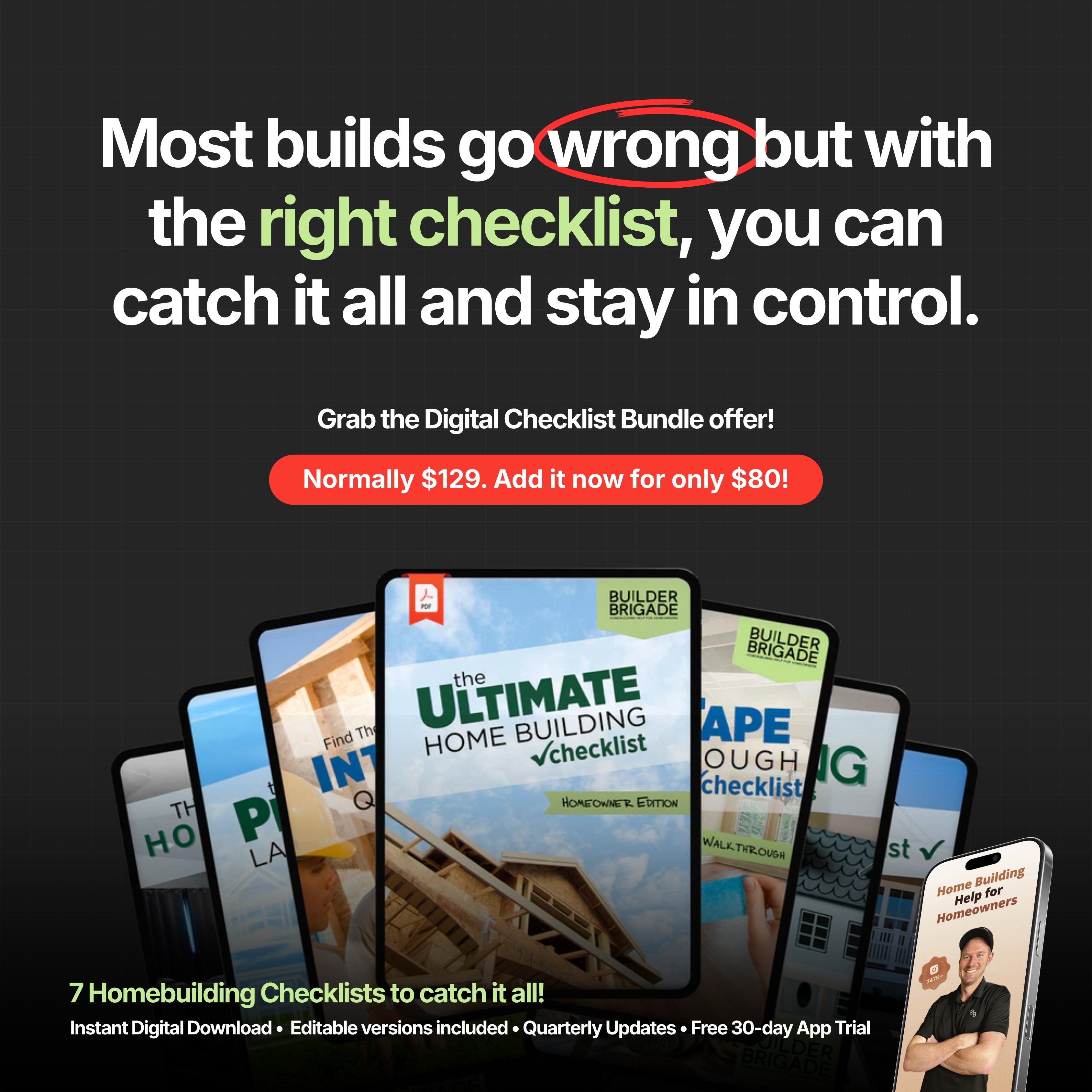 Digital checklist bundle upsell showing seven homebuilding checklists
