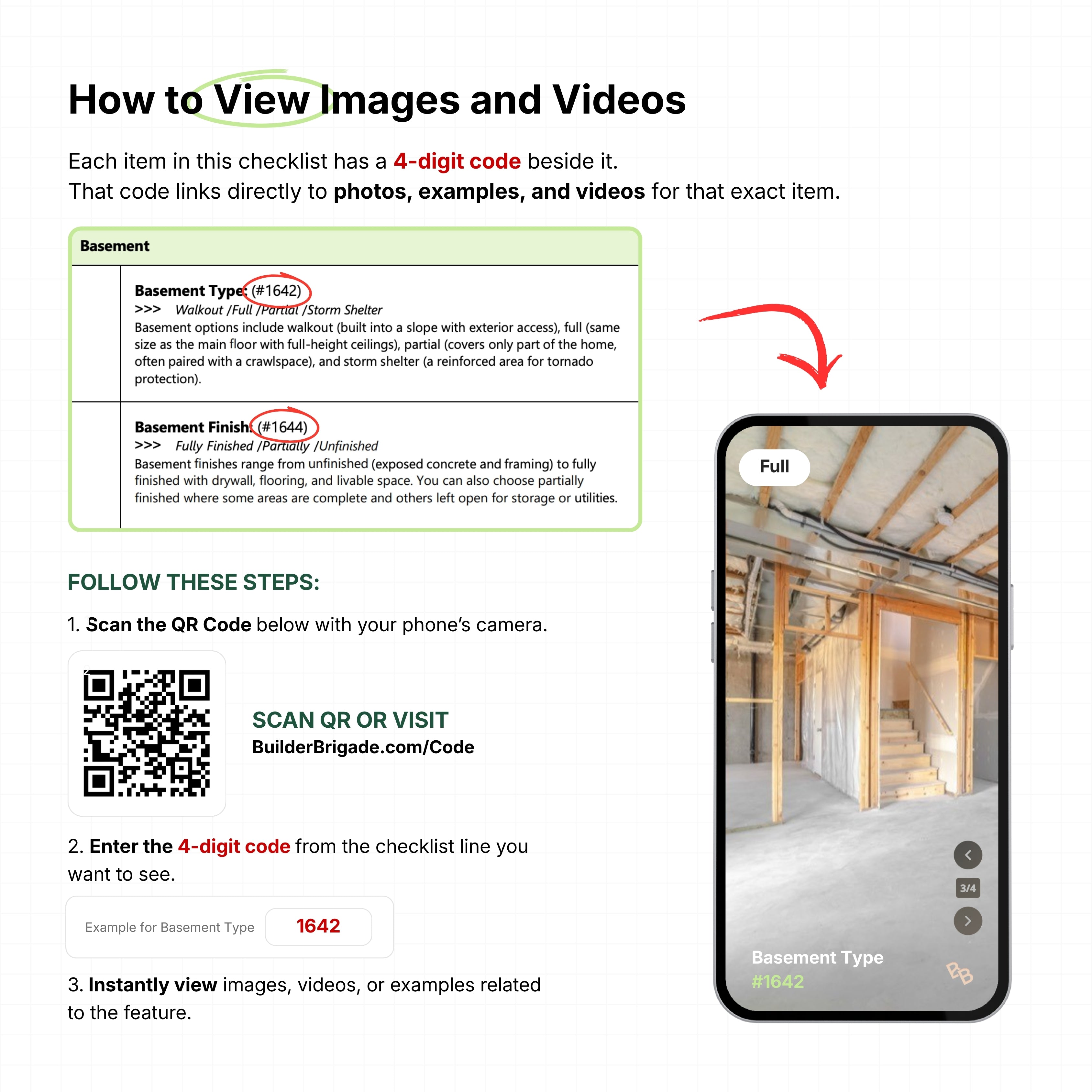 How to view images and videos: scan the QR code and enter the four digit item code